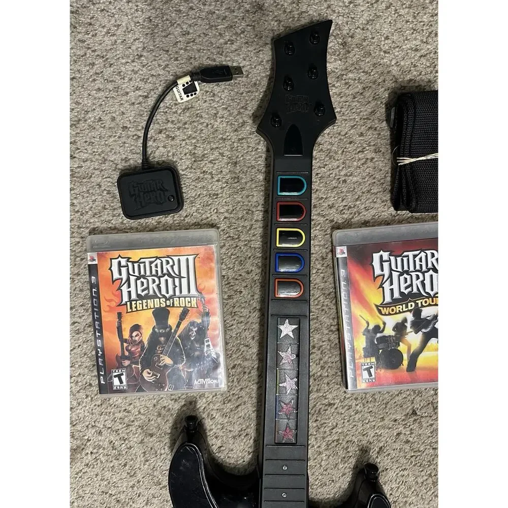 Guitar Hero PlayStation 2 PS3 Sunburst Wireless Controller Dongle 2 Games Tested